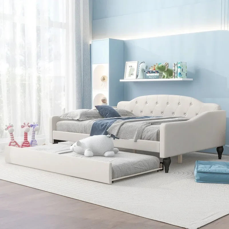 Full Size Upholstered Tufted Daybed Bed with Twin Size Trundle
