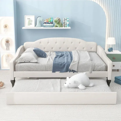Full Size Upholstered Tufted Daybed Bed with Twin Size Trundle