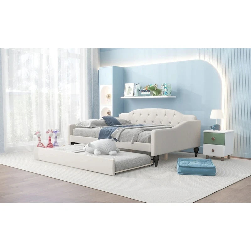 Full Size Upholstered Tufted Daybed Bed with Twin Size Trundle