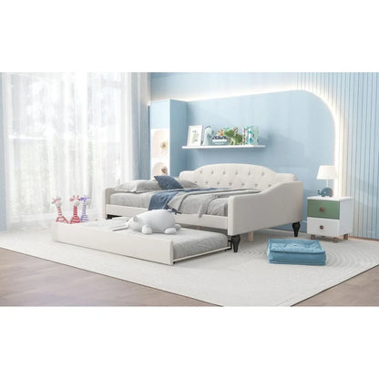 Full Size Upholstered Tufted Daybed Bed with Twin Size Trundle