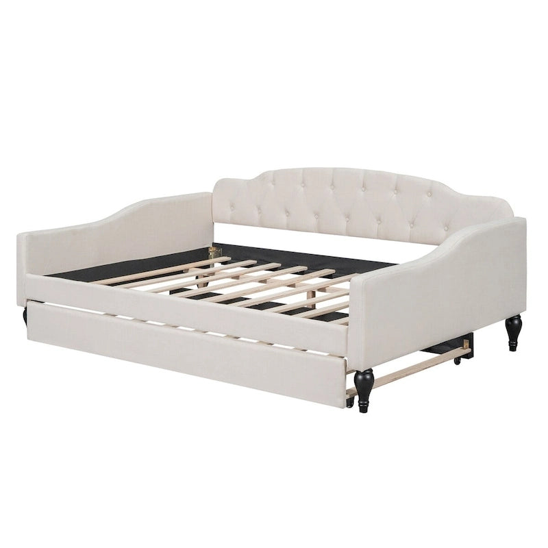 Full Size Upholstered Tufted Daybed Bed with Twin Size Trundle