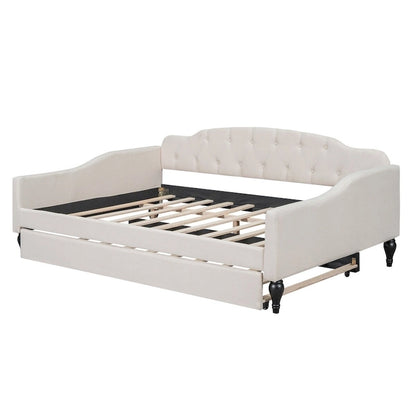 Full Size Upholstered Tufted Daybed Bed with Twin Size Trundle