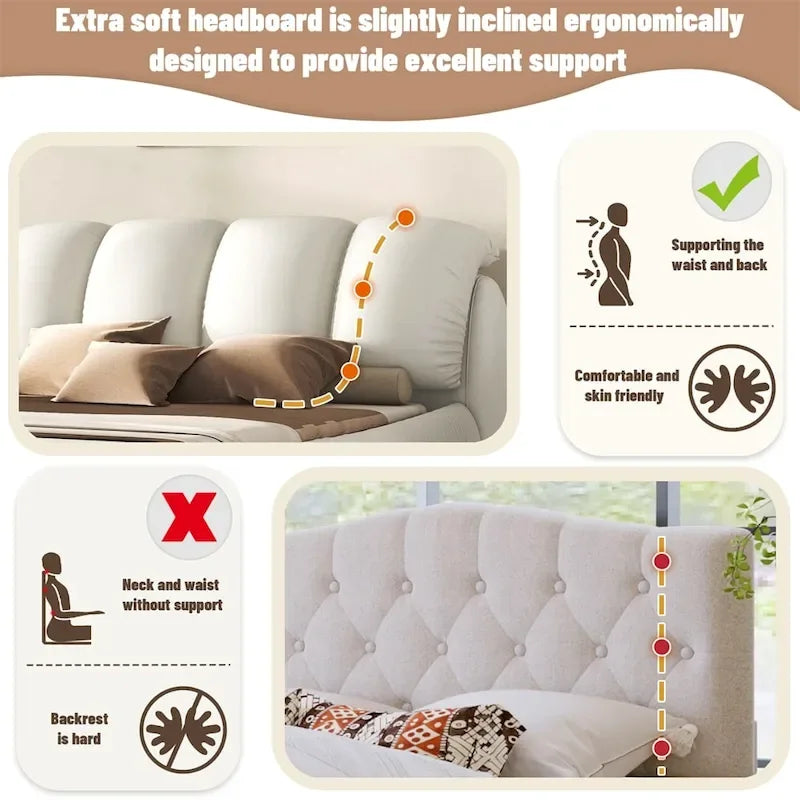 King Size Upholstered Bed w/ Thick Headboard Oversized Padded Backrest