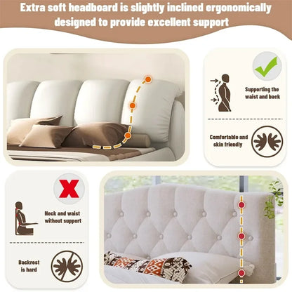 King Size Upholstered Bed w/ Thick Headboard Oversized Padded Backrest