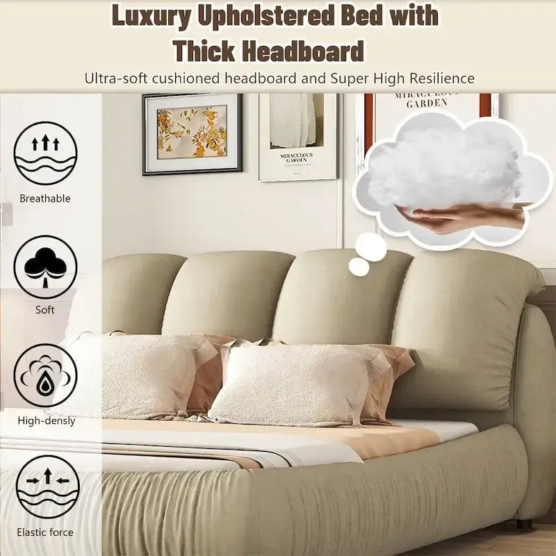 King Size Upholstered Bed w/ Thick Headboard Oversized Padded Backrest