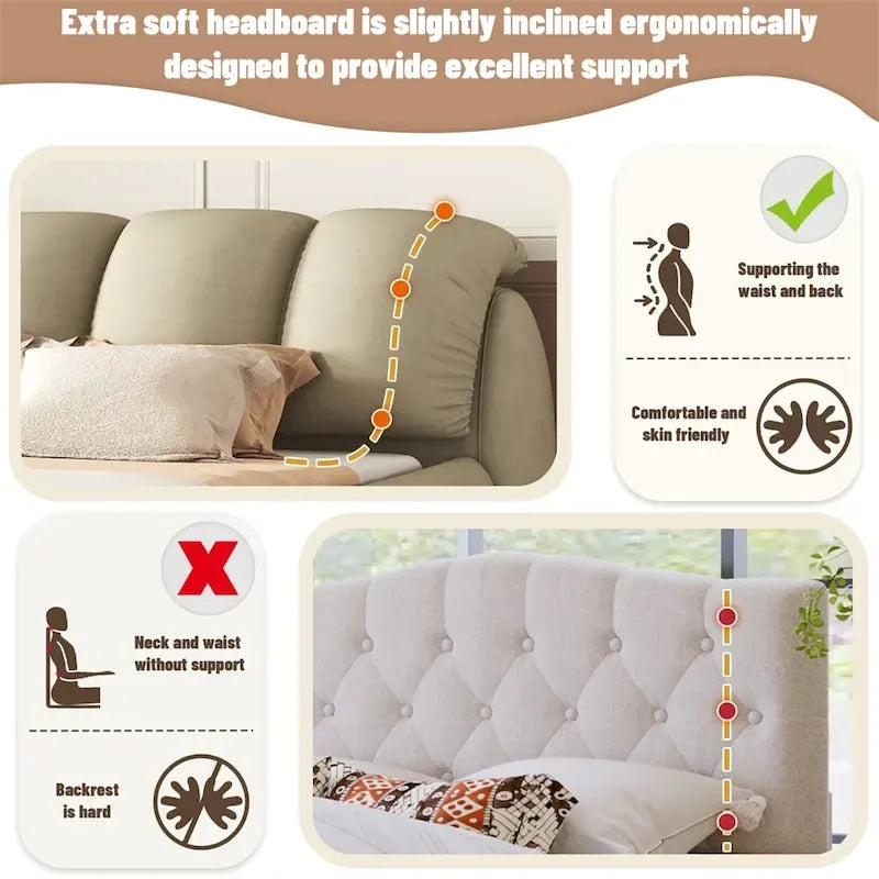 King Size Upholstered Bed w/ Thick Headboard Oversized Padded Backrest