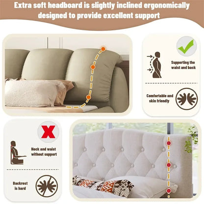 King Size Upholstered Bed w/ Thick Headboard Oversized Padded Backrest