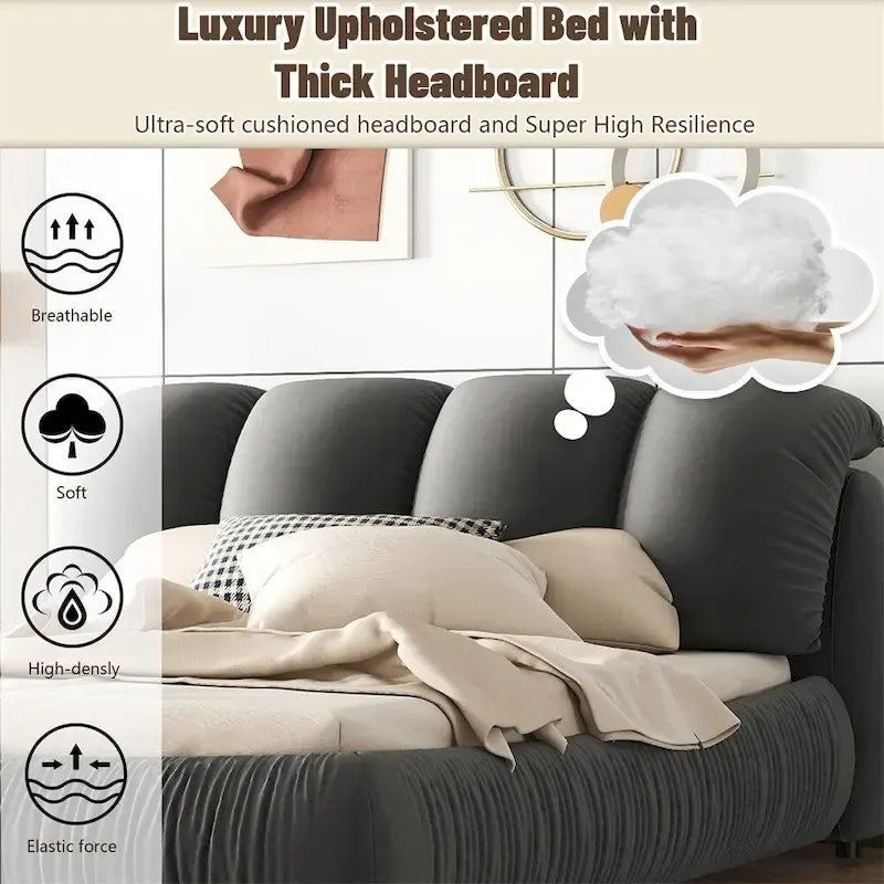 King Size Upholstered Bed w/ Thick Headboard Oversized Padded Backrest