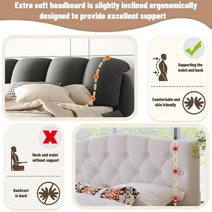 King Size Upholstered Bed w/ Thick Headboard Oversized Padded Backrest