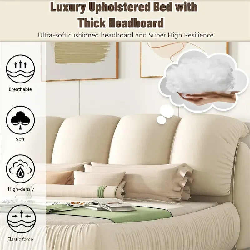 King Size Upholstered Bed w/ Thick Headboard Oversized Padded Backrest