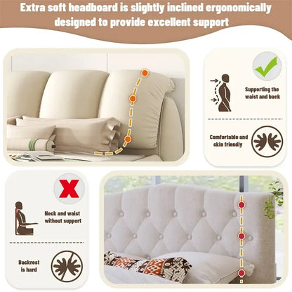 King Size Upholstered Bed w/ Thick Headboard Oversized Padded Backrest