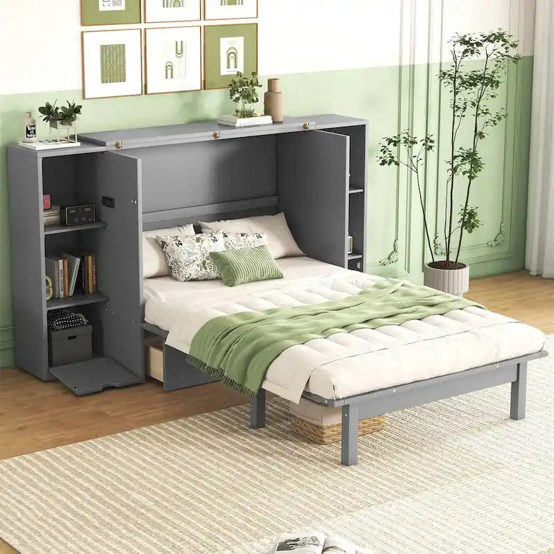 Merax Queen Size Murphy Bed with Shelves, Drawers and USB Ports