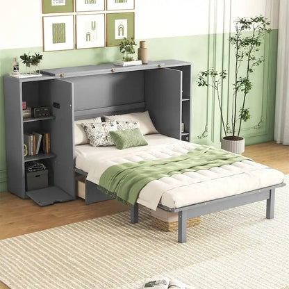 Merax Queen Size Murphy Bed with Shelves, Drawers and USB Ports