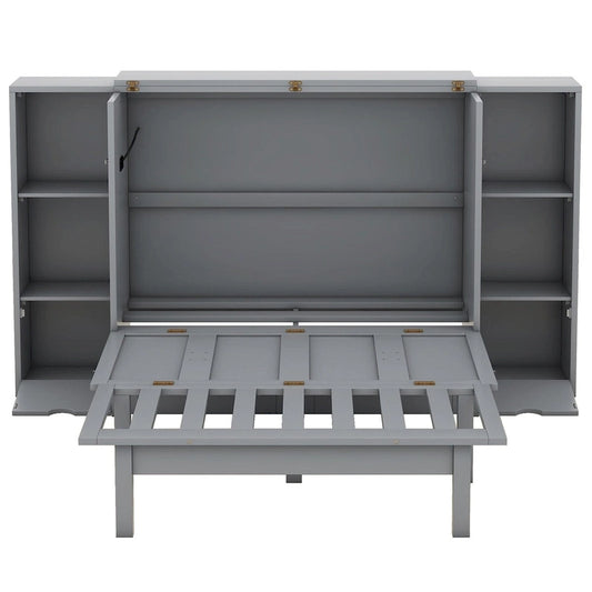 Merax Queen Size Murphy Bed with Shelves, Drawers and USB Ports