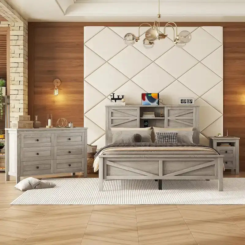 3-Pieces Bedroom Sets Farmhouse Platform Bed with Nightstand and Dresser