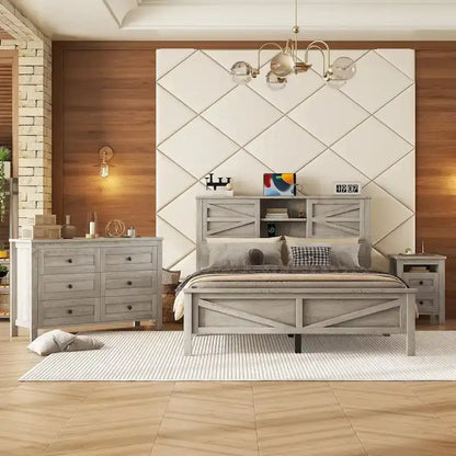 3-Pieces Bedroom Sets Farmhouse Platform Bed with Nightstand and Dresser