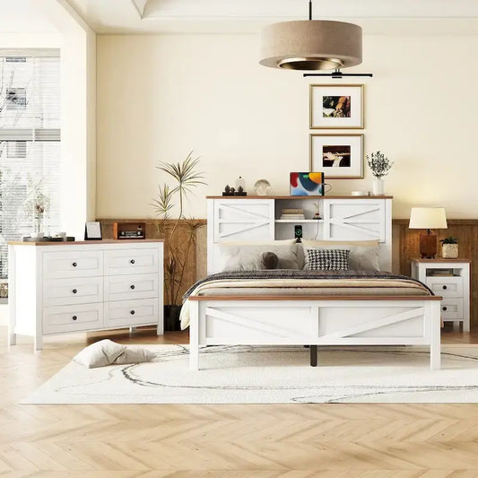 3-Pieces Bedroom Sets Farmhouse Platform Bed with Nightstand and Dresser