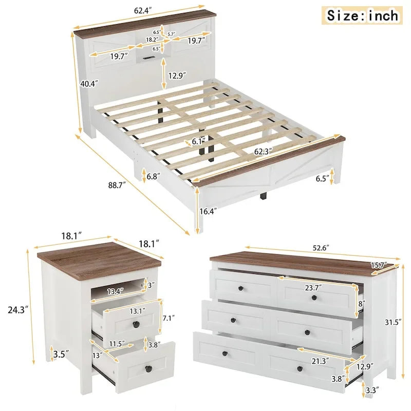 3-Pieces Bedroom Sets Farmhouse Platform Bed with Nightstand and Dresser