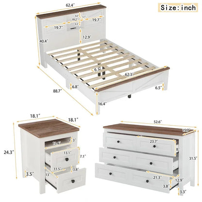 3-Pieces Bedroom Sets Farmhouse Platform Bed with Nightstand and Dresser