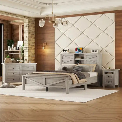 3-Pieces Bedroom Sets Farmhouse Platform Bed with Nightstand and Dresser