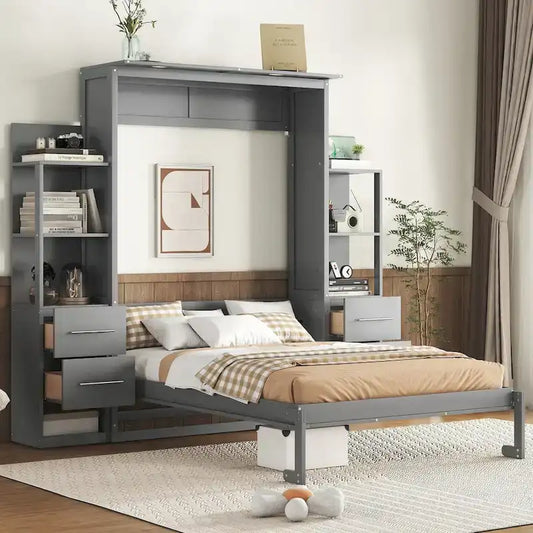 Full Size Murphy Wall Bed Frame with Shelves,Drawers and LED Lights,for Girls Boys Teens,No Box Spring Needed