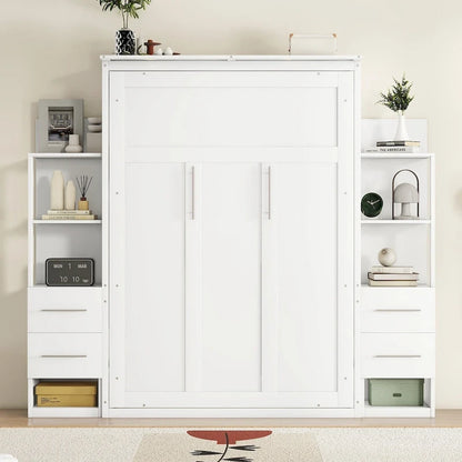 Full Size Murphy Wall Bed Frame with Shelves,Drawers and LED Lights,for Girls Boys Teens,No Box Spring Needed