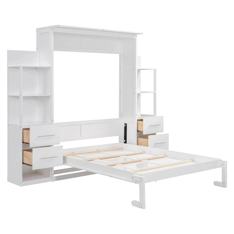 Full Size Murphy Wall Bed Frame with Shelves,Drawers and LED Lights,for Girls Boys Teens,No Box Spring Needed