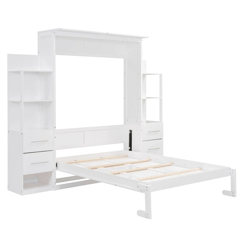 Full Size Murphy Wall Bed Frame with Shelves,Drawers and LED Lights,for Girls Boys Teens,No Box Spring Needed