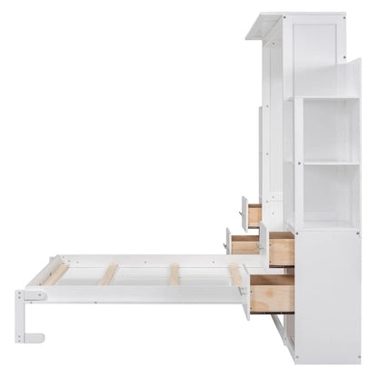 Full Size Murphy Wall Bed Frame with Shelves,Drawers and LED Lights,for Girls Boys Teens,No Box Spring Needed