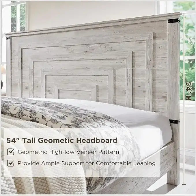 Farmhouse Queen Size Bed Frame w/ 54 Tall Headboard & 2 Large Drawers