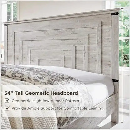Farmhouse Queen Size Bed Frame w/ 54 Tall Headboard & 2 Large Drawers