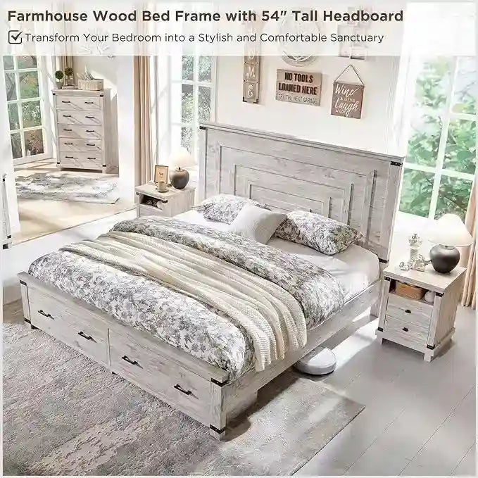 Farmhouse Queen Size Bed Frame w/ 54 Tall Headboard & 2 Large Drawers