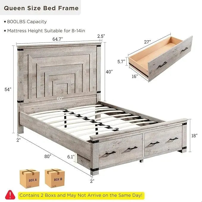 Farmhouse Queen Size Bed Frame w/ 54 Tall Headboard & 2 Large Drawers