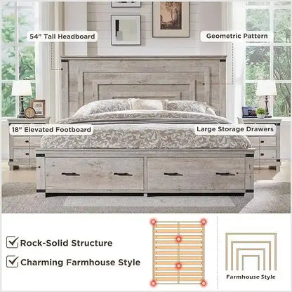 Farmhouse Queen Size Bed Frame w/ 54 Tall Headboard & 2 Large Drawers