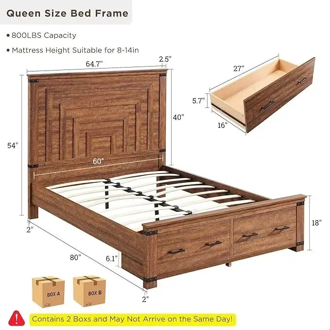 Farmhouse Queen Size Bed Frame w/ 54 Tall Headboard & 2 Large Drawers