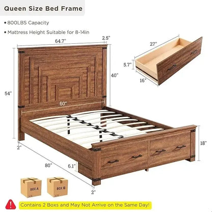 Farmhouse Queen Size Bed Frame w/ 54 Tall Headboard & 2 Large Drawers