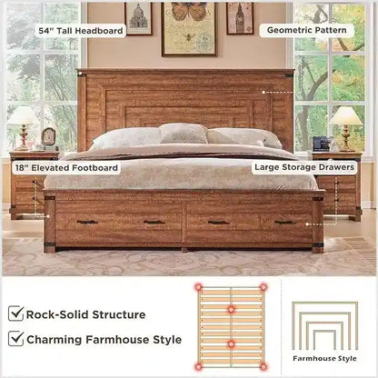 Farmhouse Queen Size Bed Frame w/ 54 Tall Headboard & 2 Large Drawers