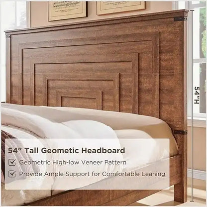 Farmhouse Queen Size Bed Frame w/ 54 Tall Headboard & 2 Large Drawers