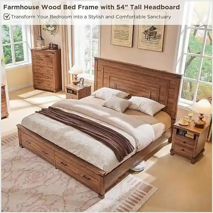 Farmhouse Queen Size Bed Frame w/ 54 Tall Headboard & 2 Large Drawers