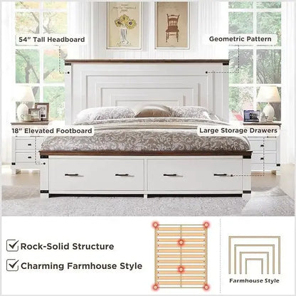 Farmhouse Queen Size Bed Frame w/ 54 Tall Headboard & 2 Large Drawers