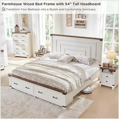 Farmhouse Queen Size Bed Frame w/ 54 Tall Headboard & 2 Large Drawers