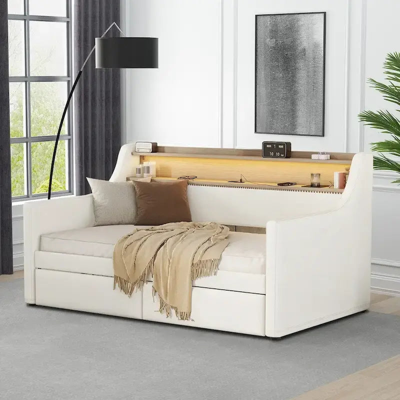 Modern Stylish Twin Size Upholstered Storage Daybed with Nailhead Trim