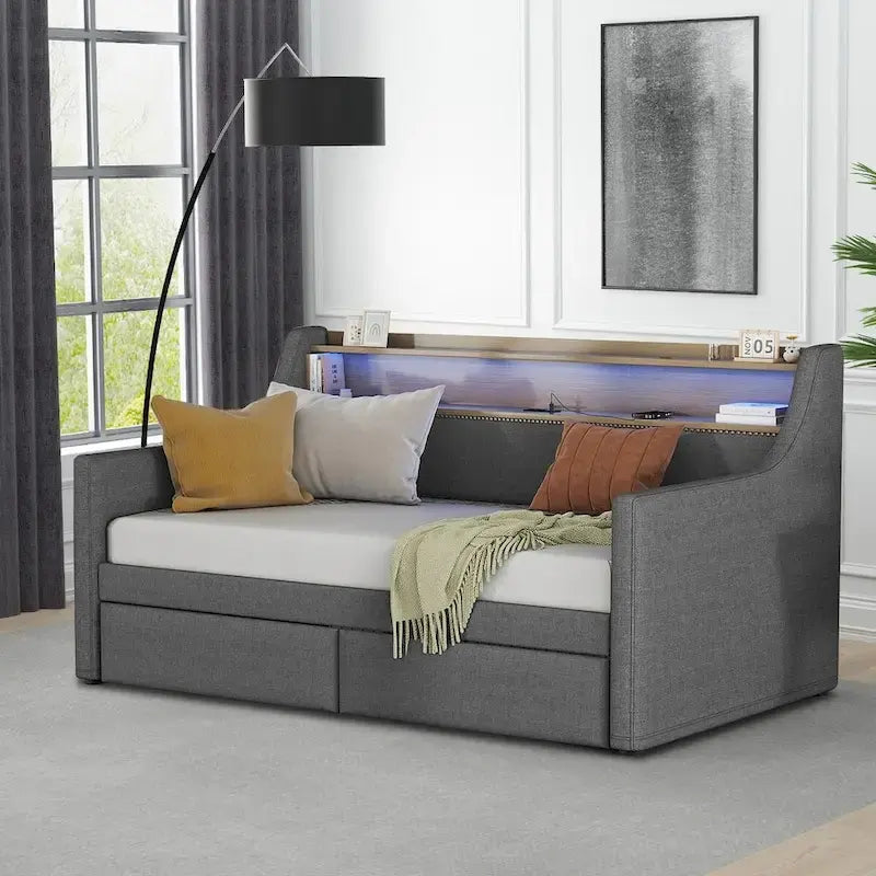 Modern Stylish Twin Size Upholstered Storage Daybed with Nailhead Trim