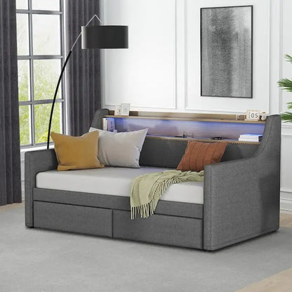 Modern Stylish Twin Size Upholstered Storage Daybed with Nailhead Trim