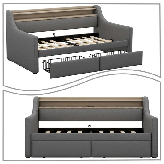 Modern Stylish Twin Size Upholstered Storage Daybed with Nailhead Trim