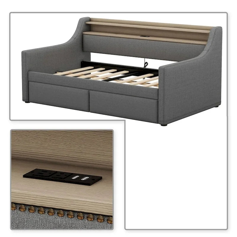 Modern Stylish Twin Size Upholstered Storage Daybed with Nailhead Trim
