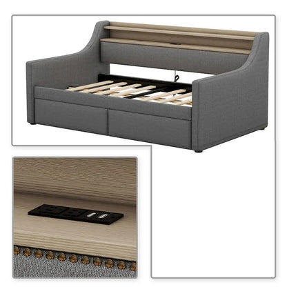 Modern Stylish Twin Size Upholstered Storage Daybed with Nailhead Trim