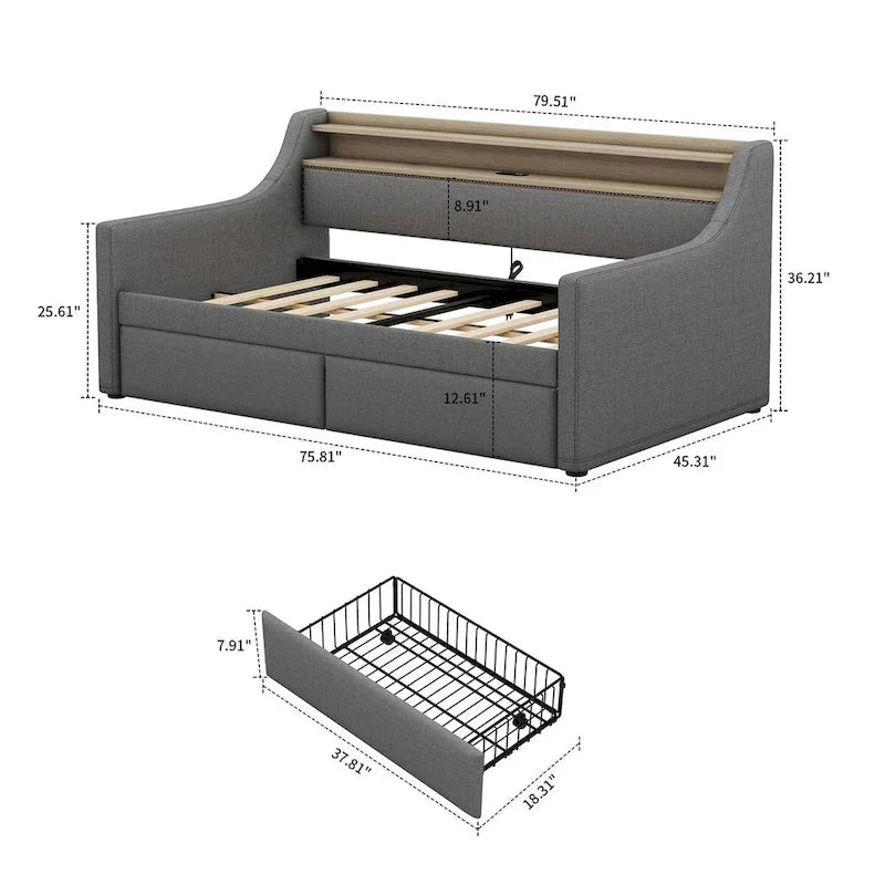 Modern Stylish Twin Size Upholstered Storage Daybed with Nailhead Trim