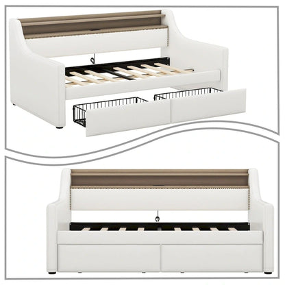 Modern Stylish Twin Size Upholstered Storage Daybed with Nailhead Trim