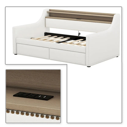 Modern Stylish Twin Size Upholstered Storage Daybed with Nailhead Trim